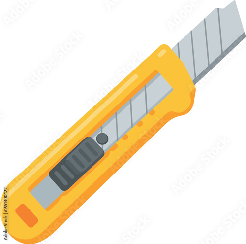 Bright yellow utility knife with a sharp silver blade and a retractable mechanism isolated on a white background