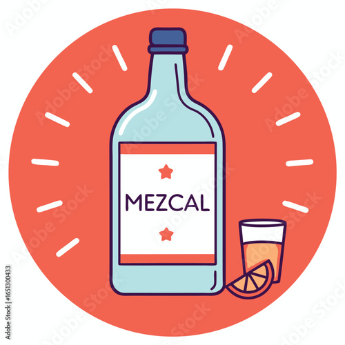 Cute illustration of a Mezcal bottle and shot glass.