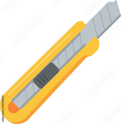 Bright yellow utility knife with a sharp silver blade and a grey slider isolated on a white background for crafting and cutting tasks