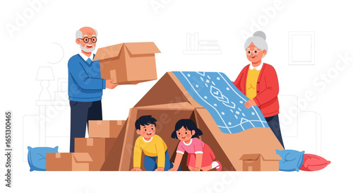 Happy grandparents building a cardboard box fort with their two young grandchildren for fun.