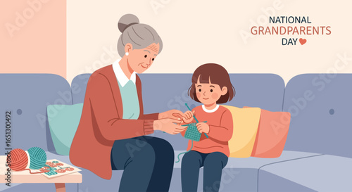 A loving grandmother teaches her granddaughter how to knit on a sofa, sharing a special moment together for National Grandparents Day.