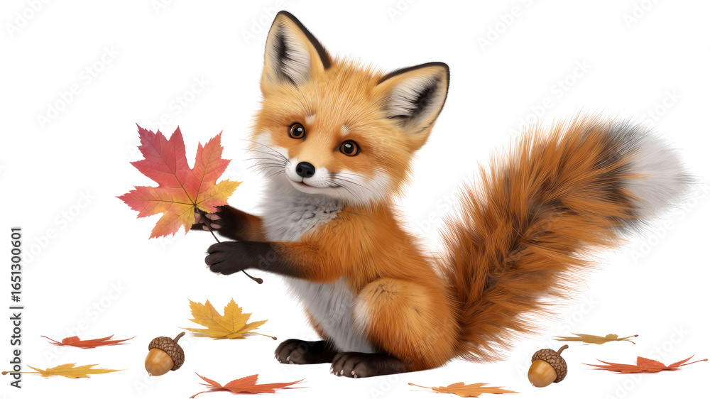 Obraz premium Adorable Red Fox Kit Holding Autumn Leaf with Acorns and Fall Foliage