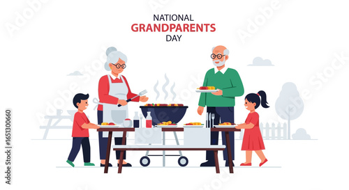 Grandparents and grandchildren enjoy a festive outdoor barbecue celebration for National Grandparents Day, sharing food and creating cherished memories.