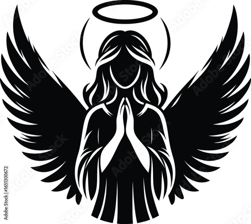 Silhouette angel with halo and praying hands icon