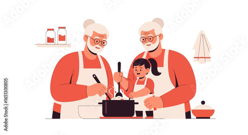 A heartwarming illustration of grandparents and a young child happily cooking together in a kitchen, stirring a pot.