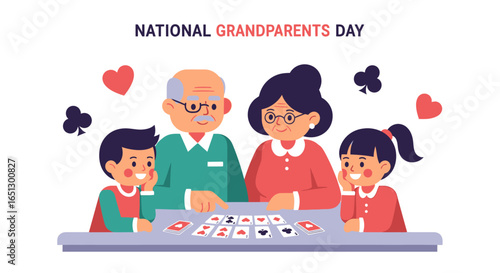 Happy grandparents and grandchildren playing a card game together, celebrating National Grandparents Day with hearts and clover symbols.