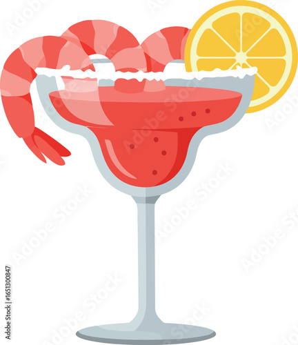 Delicious shrimp cocktail served in a margarita glass with a lemon slice and salt rim perfect for a celebratory drink
