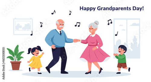 Joyful grandparents and grandchildren dancing together, celebrating Grandparents Day with music and smiles in a bright, indoor setting.