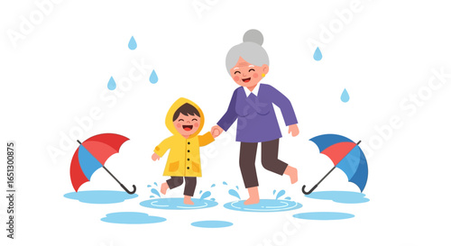 Joyful grandmother and grandchild splashing in puddles on a rainy day, with colorful umbrellas.