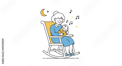 An elderly woman gently cradles a baby in a rocking chair under a crescent moon, with musical notes floating around.