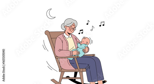 An elderly grandmother gently rocks her grandchild to sleep in a chair while singing a lullaby under the moonlight.