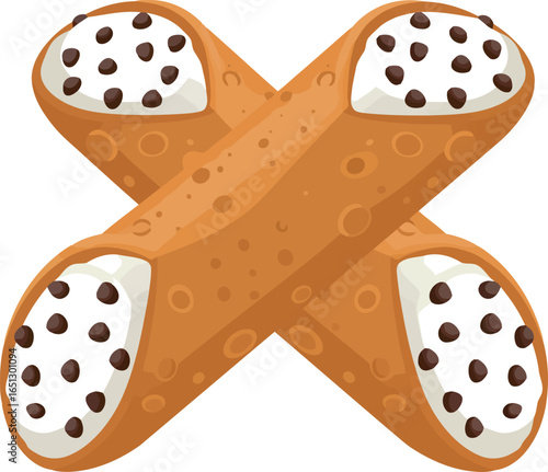 Two delicious italian cannoli pastries filled with sweet ricotta cheese and chocolate chips arranged in an x shape on a white background