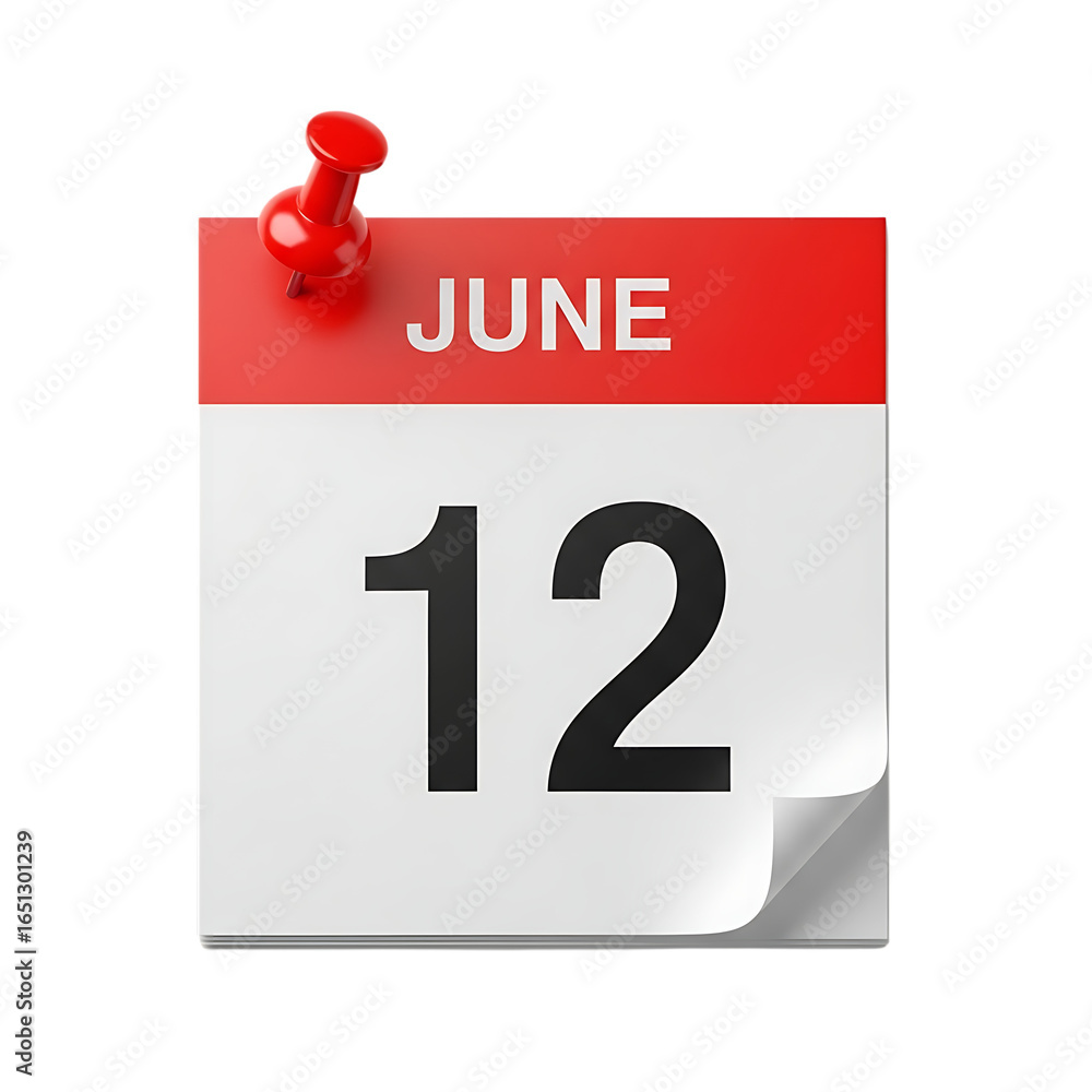Calendar showing the date june 12th with a red pushpin isolated on transparent background Calendar showing the date june 12th with a red pushpin isolated on transparent background