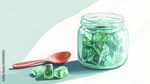 A glass bowl filled with green translucent cubes, accompanied by a red spoon and scattered pieces on a soft green background.