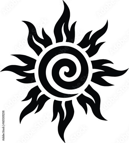 Stylized sun design with spiral center and flames