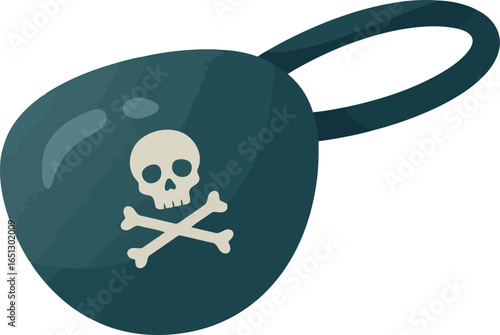 A dark teal pirate eye patch with a white skull and crossbones symbol and a black elastic strap on a white background