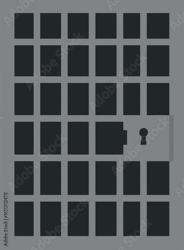 A sturdy grey metal prison door with a prominent keyhole and vertical bars representing confinement and security