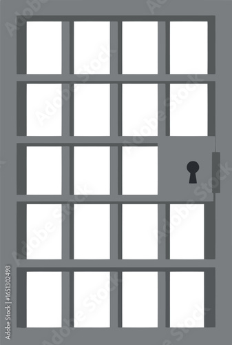 A realistic illustration of a closed gray metal prison door with thick bars and a keyhole on the right side