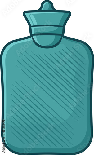 A simple hand drawn illustration of a teal colored hot water bottle with a cap against a white background