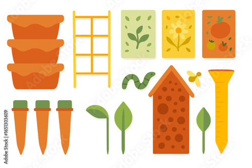 Gardening tools and elements for an outdoor planting project