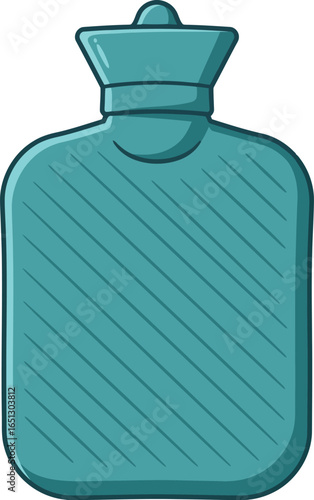A teal colored rubber hot water bottle with a ribbed texture and a stopper on a white background