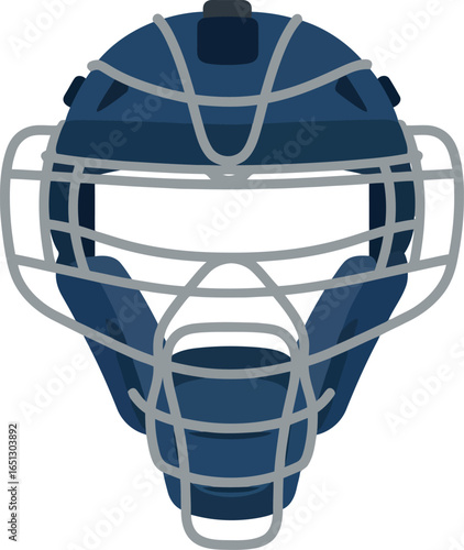 A dark blue baseball catcher s mask with a silver wire cage is shown against a white background in a front facing view