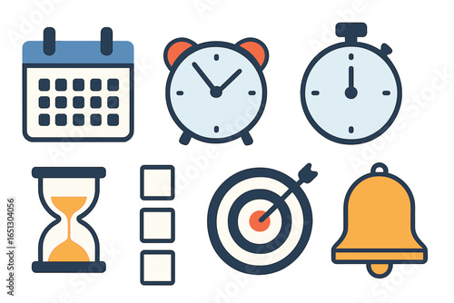 Time management icons in vector style for planning and scheduling