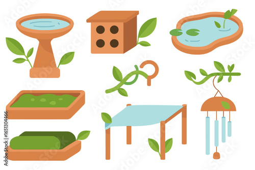 Colorful vector illustration of garden accessories for outdoor spaces