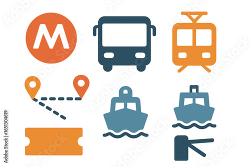 Transportation icons featuring bus, tram, ferry, and map symbols