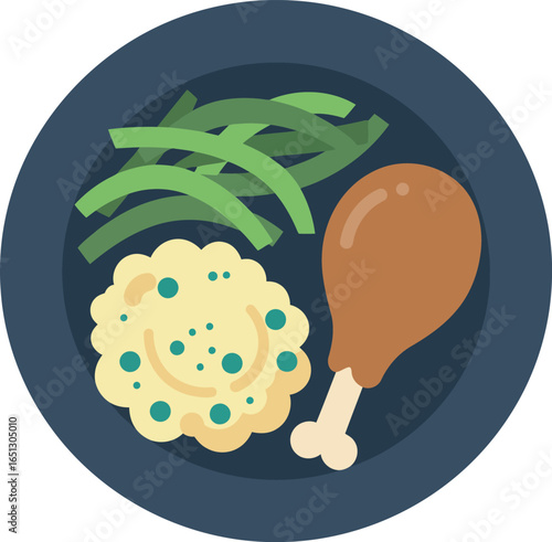A delicious and hearty meal featuring a roasted chicken leg creamy mashed potatoes with herbs and vibrant green beans served on a dark blue plate