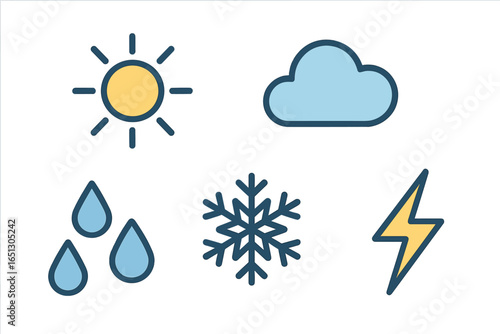 Weather elements representing sun, cloud, rain, snow, and lightning
