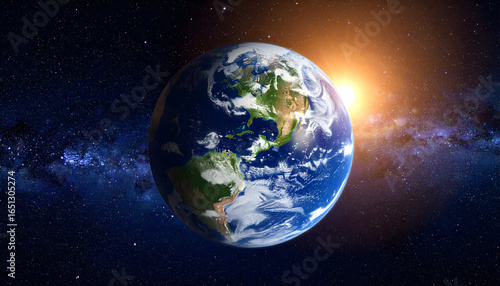 Earth viewed from space showcasing continents with bright sunlight and a starry galaxy background