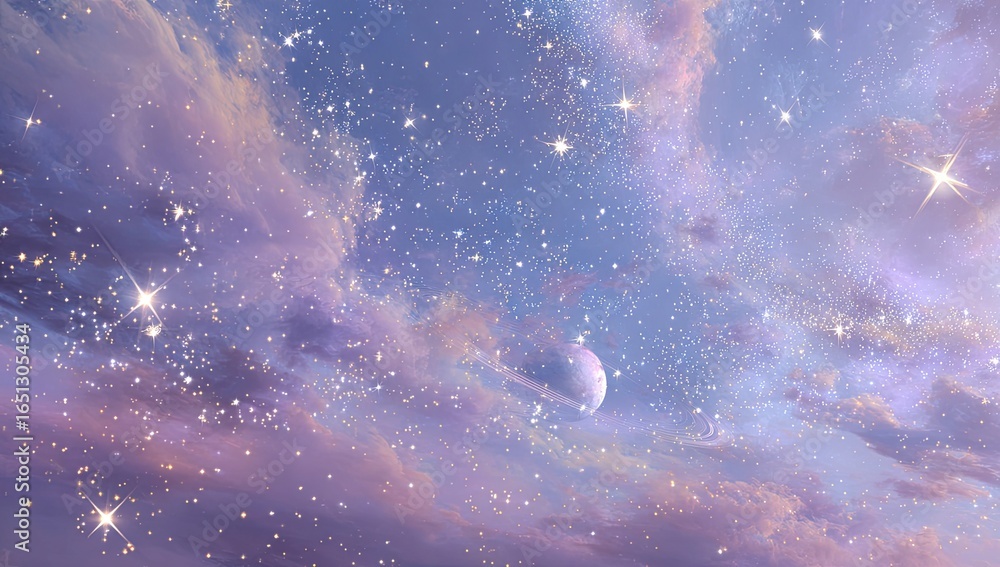 Fototapeta premium Pastel celestial landscape with scattered stars and a planet