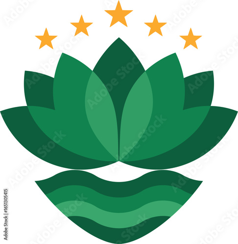 Green lotus flower with five golden stars above and a water reflection below symbolizing peace and enlightenment