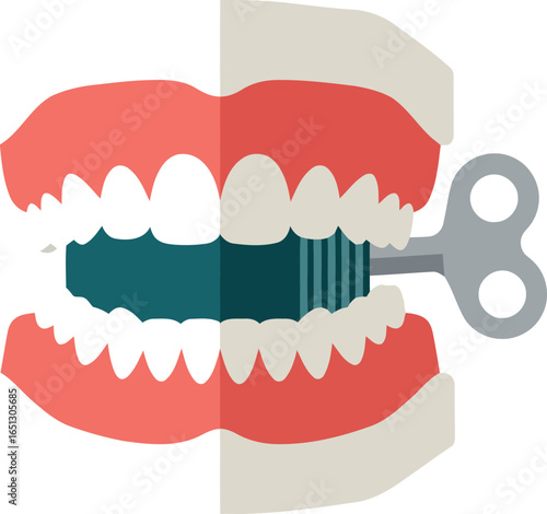 Humorous novelty wind up chattering teeth toy with a winding key on a white background representing a playful or comical dental concept