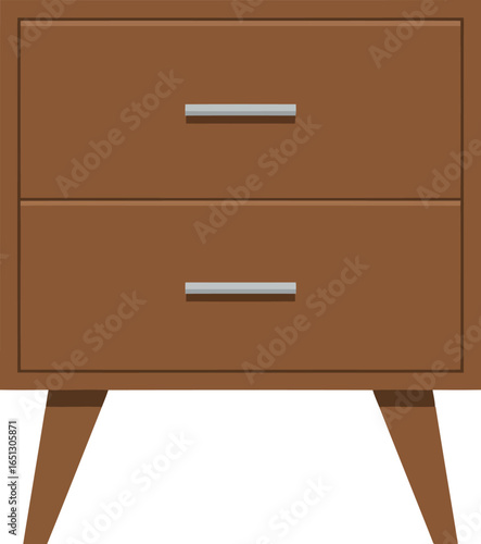 A simple modern brown wooden nightstand with two drawers and tapered legs isolated on a white background