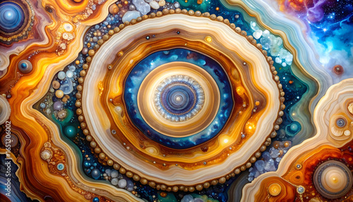 Circular Abstract Composition with Concentric Layers in Earthy Tones and Blue Accents