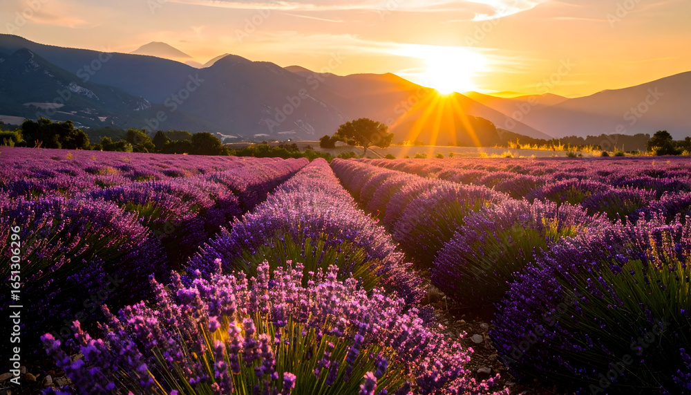 Fototapeta premium Vibrant Purple Lavender Field at Sunset with Golden Sunlight and Mountain Background