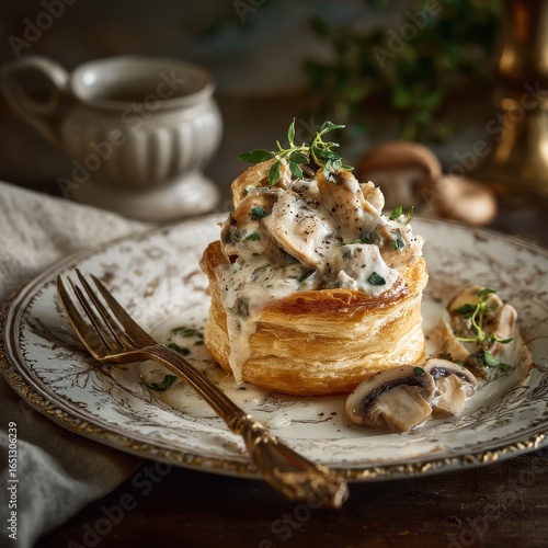Mushroom vol-au-vent served on vintage plate, rustic backdrop, recipe use