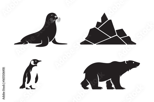 Arctic and antarctic wildlife and iceberg silhouettes