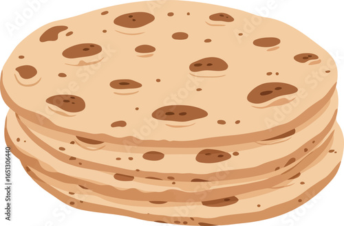 A stack of golden brown round flatbreads or tortillas with visible air bubbles and browned spots isolated on a white background