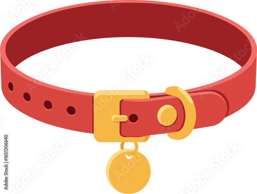 A bright red pet collar with a gold buckle and a round gold id tag hanging from it isolated on a white background