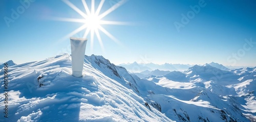 White sunscreen tube on snowy mountain peak, bright sunlight,   bright,  cold