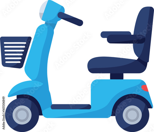 A bright blue mobility scooter with a basket on the front and a comfortable seat perfect for independent travel
