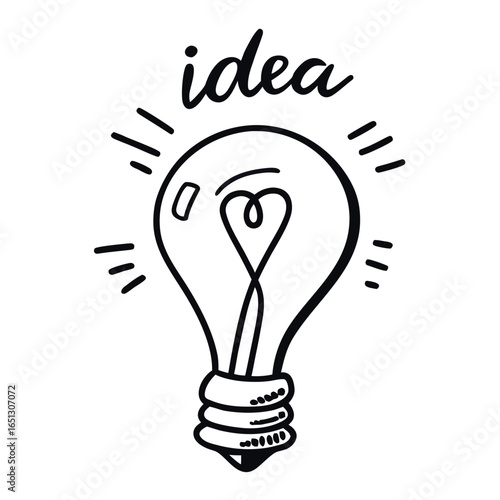 Black and white hand drawn illustration of a lightbulb with the word idea concept creativity