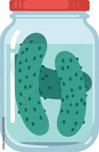 A clear glass jar filled with brine and three whole dill pickles sealed with a red lid presented on a white background