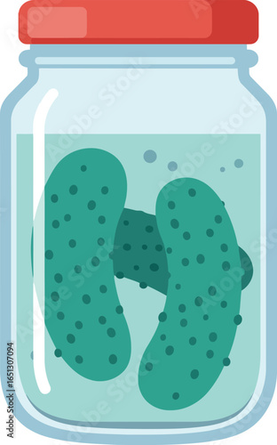 A glass jar filled with brine and two whole dill pickles sealed with a red lid presented on a white background
