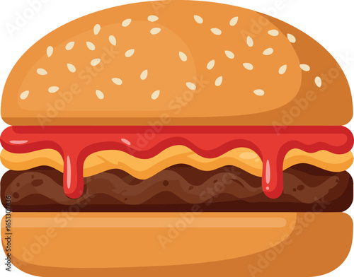 Deliciously juicy cheeseburger with melted cheese and ketchup on a sesame seed bun isolated on white background
