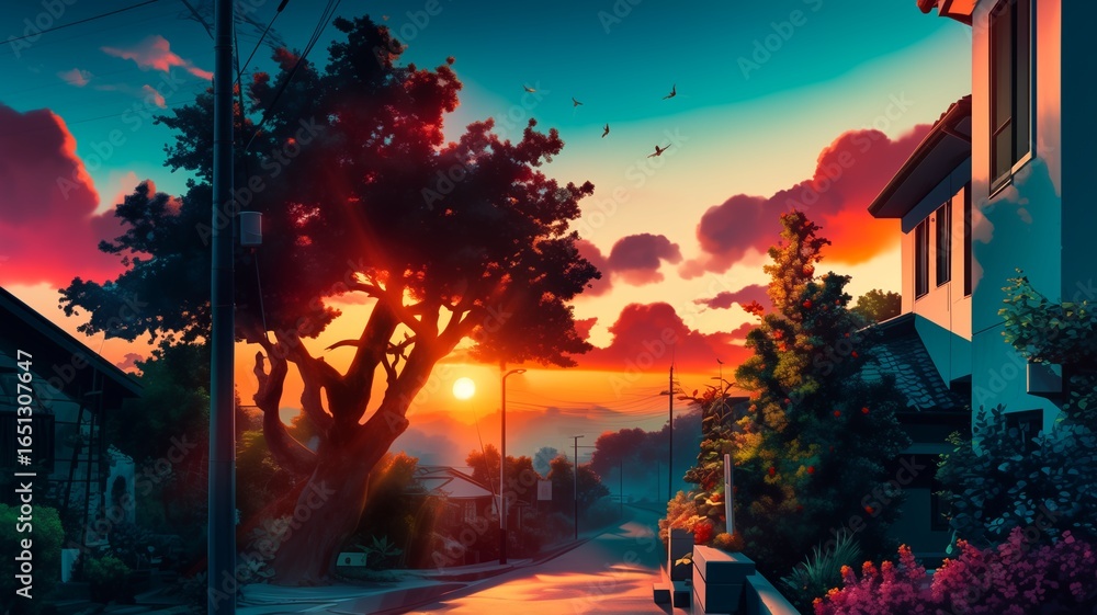Fototapeta premium イラスト調のノスタルジックな日本の風景