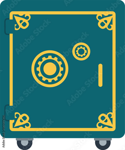 A secure teal metal safe with a golden decorative trim and wheels symbolizing protection and storage of valuables